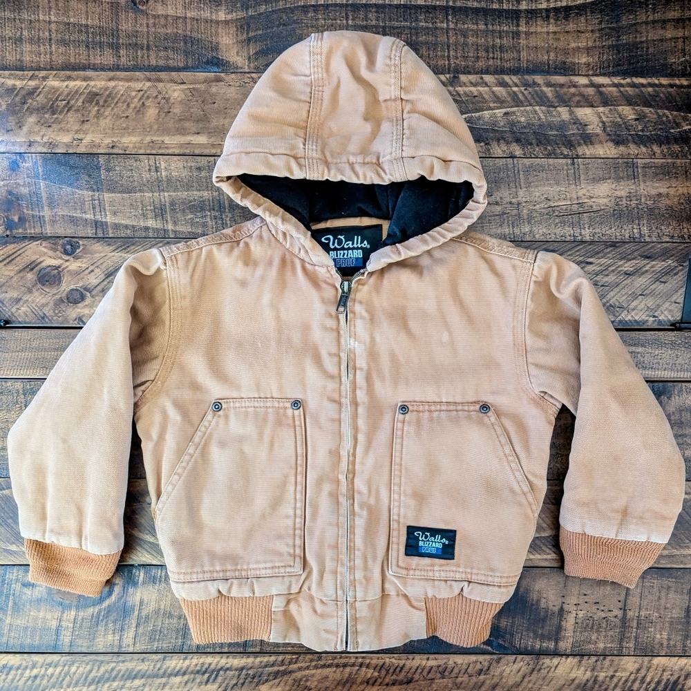 WALLS Blizzard Pruf Boys KidsLined Hooded Canvas Heavy Jacket Coat Tan/Brown XS
